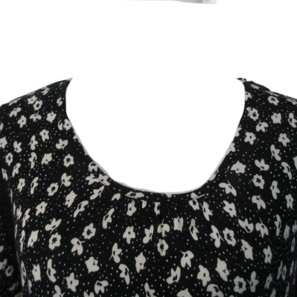 DR2 Black and Cream Rayon Linen Blend Floral Print Short Sleeve Top Size L - Picture 3 of 12